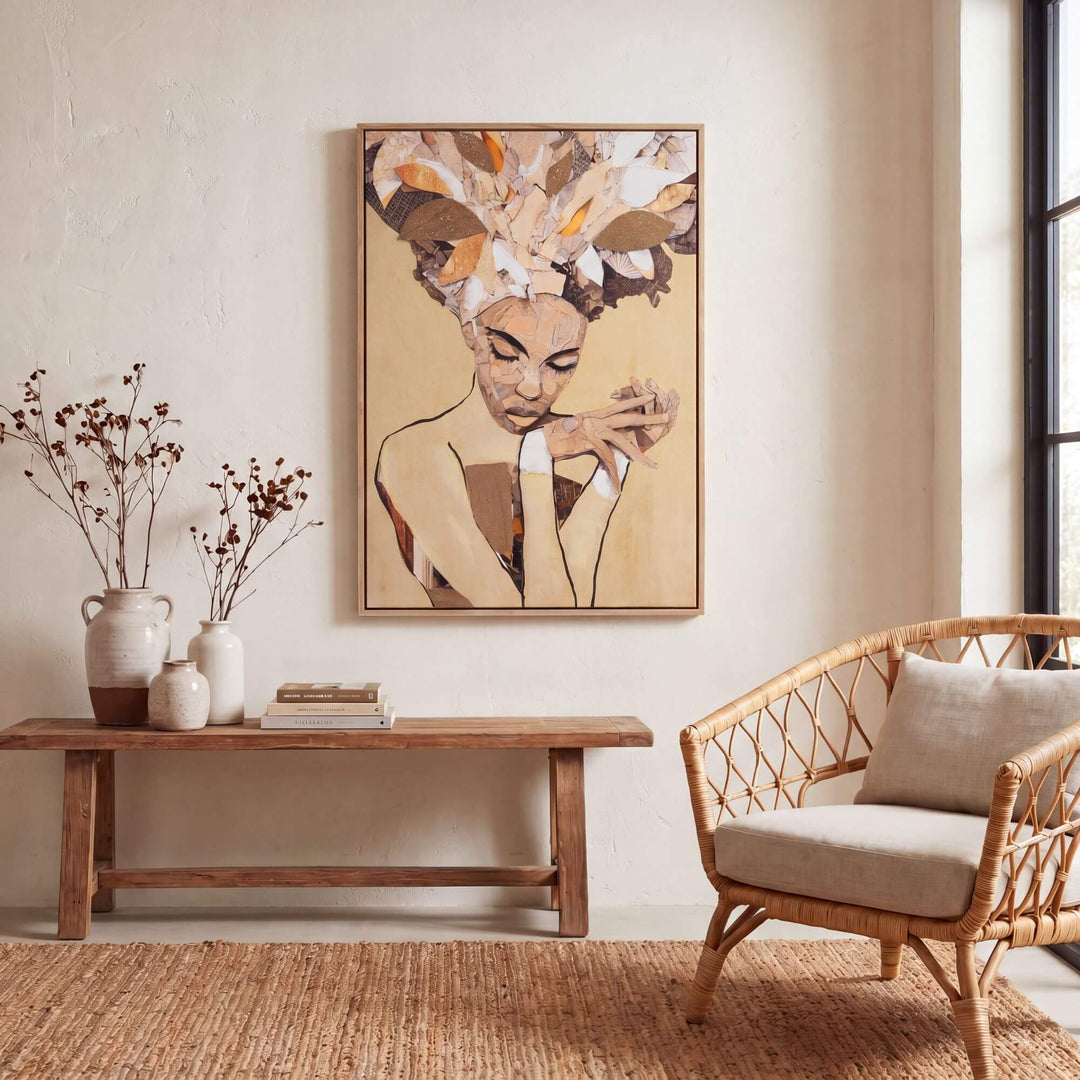 Styled interior setting featuring the Silent Muse artwork displayed above a console table in a calm natural space.