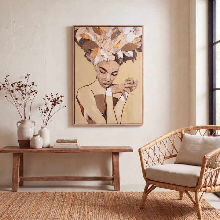 Styled interior setting featuring the Silent Muse artwork displayed above a console table in a calm natural space.
