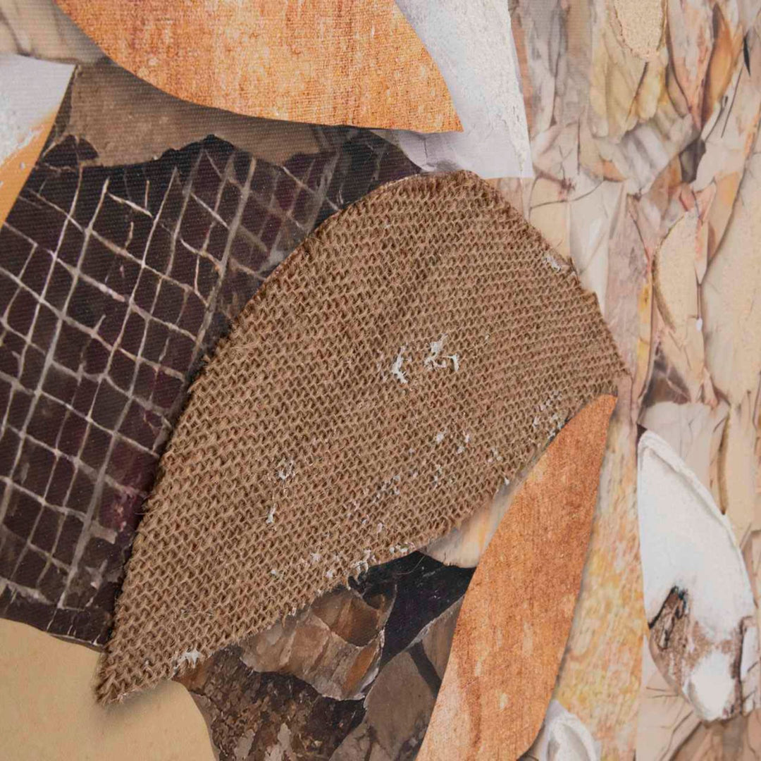 Close-up of the textured canvas showing the layered mixed-material effect and earthy abstract detailing.