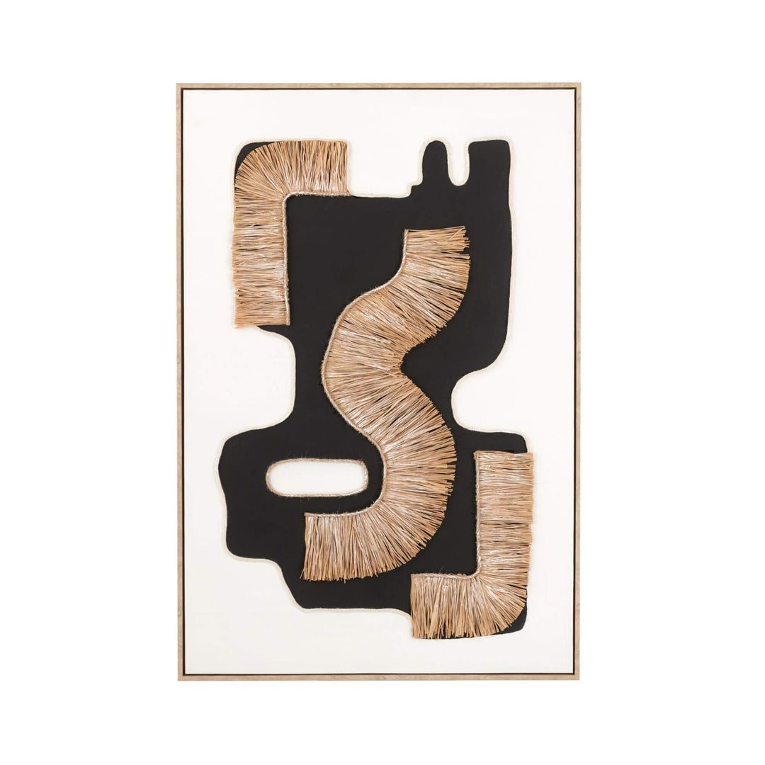 Front view of the Sirocco painting with abstract black shape and natural fibers.