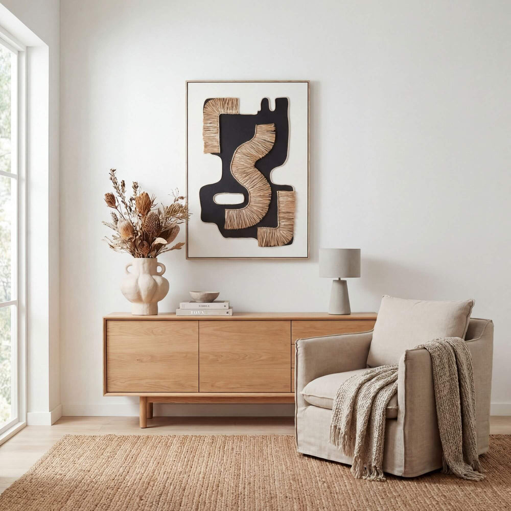 Interior setting showing the Sirocco wall artwork above a wooden cabinet.