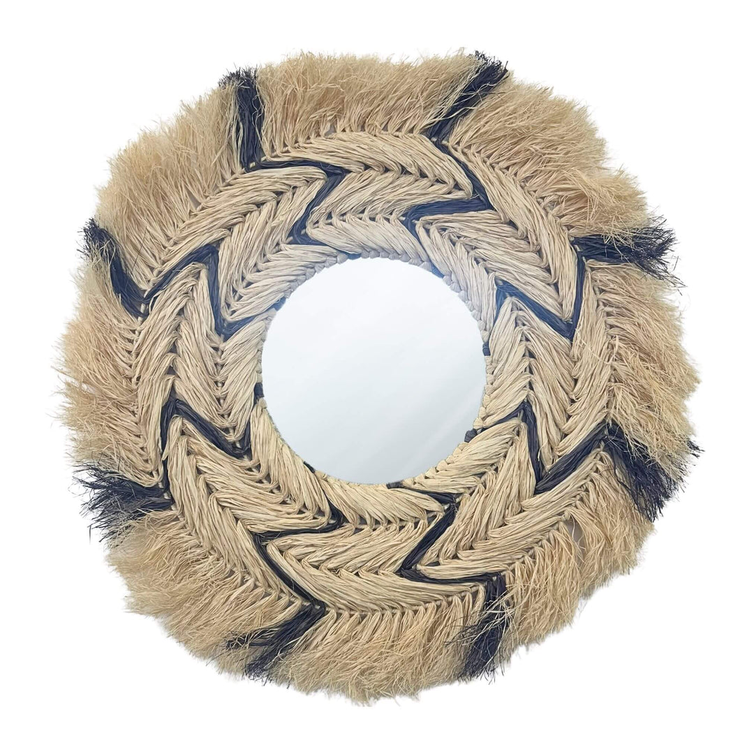 Front view of Sisal Round Mirror with zig zag motif