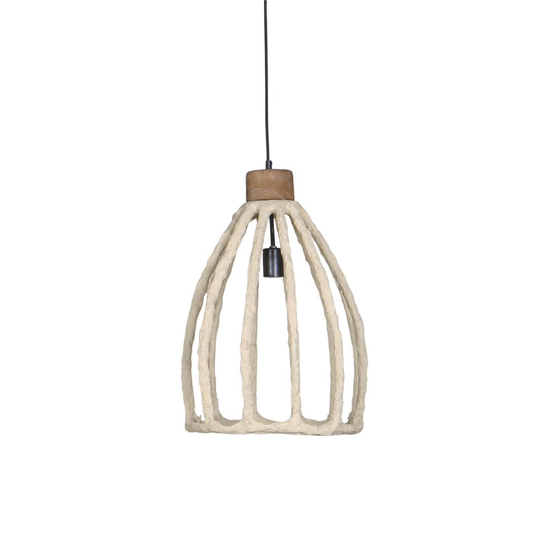 Front view of the small Skele Paper Mache Ceiling Lamp showing its open sculptural ribbed structure.