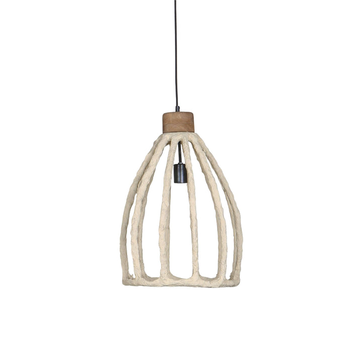 Front view of the small Skele Paper Mache Ceiling Lamp showing its open sculptural ribbed structure.