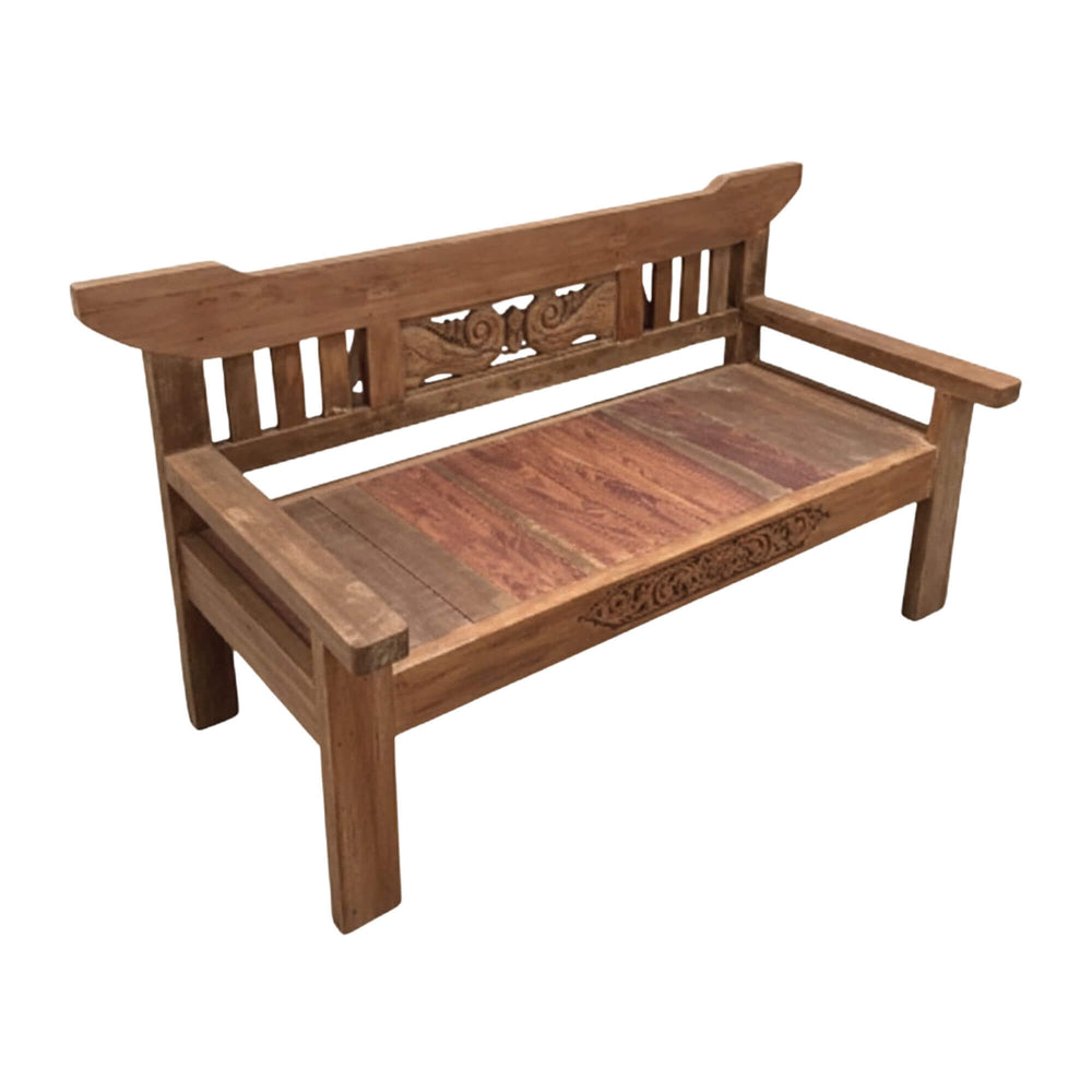 Angled view of Skopelos Indonesian teak bench emphasizing craftsmanship and balanced proportions.