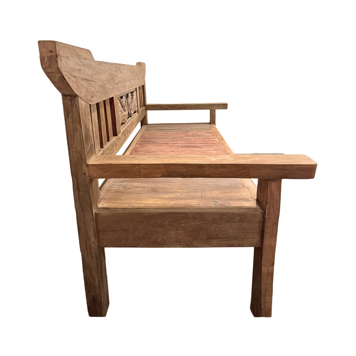 Side view of Skopelos bench highlighting the solid teak structure and armrest design.