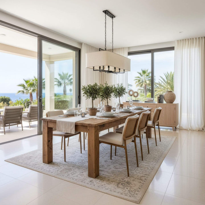 Modern dining room with Sleeper rail train dining table and chairs, large windows, and outdoor view.