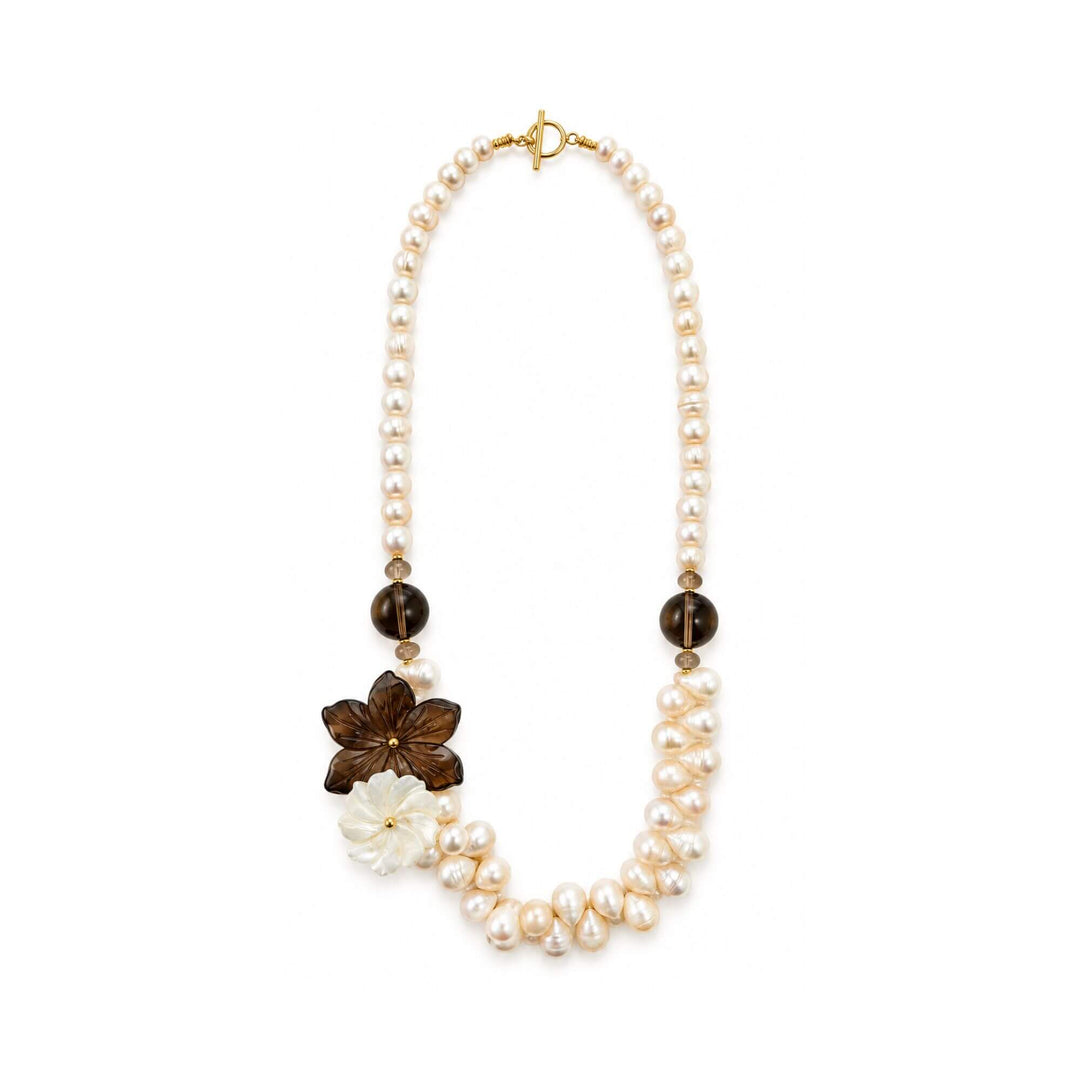 Front view of the Smoky Bloom Nacre Necklace with pearls, smoky quartz and carved mother-of-pearl flowers