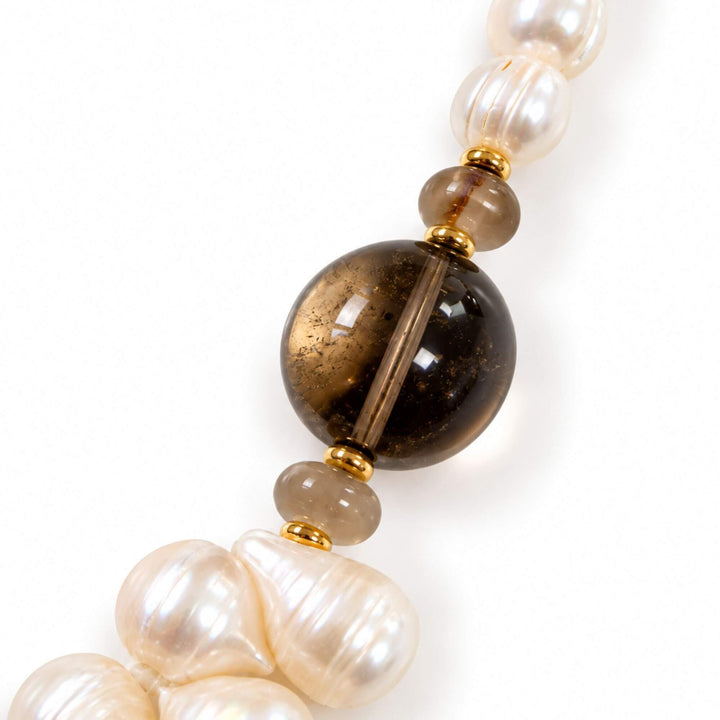Close-up of smoky quartz and pearl details on the Smoky Bloom Nacre Necklace