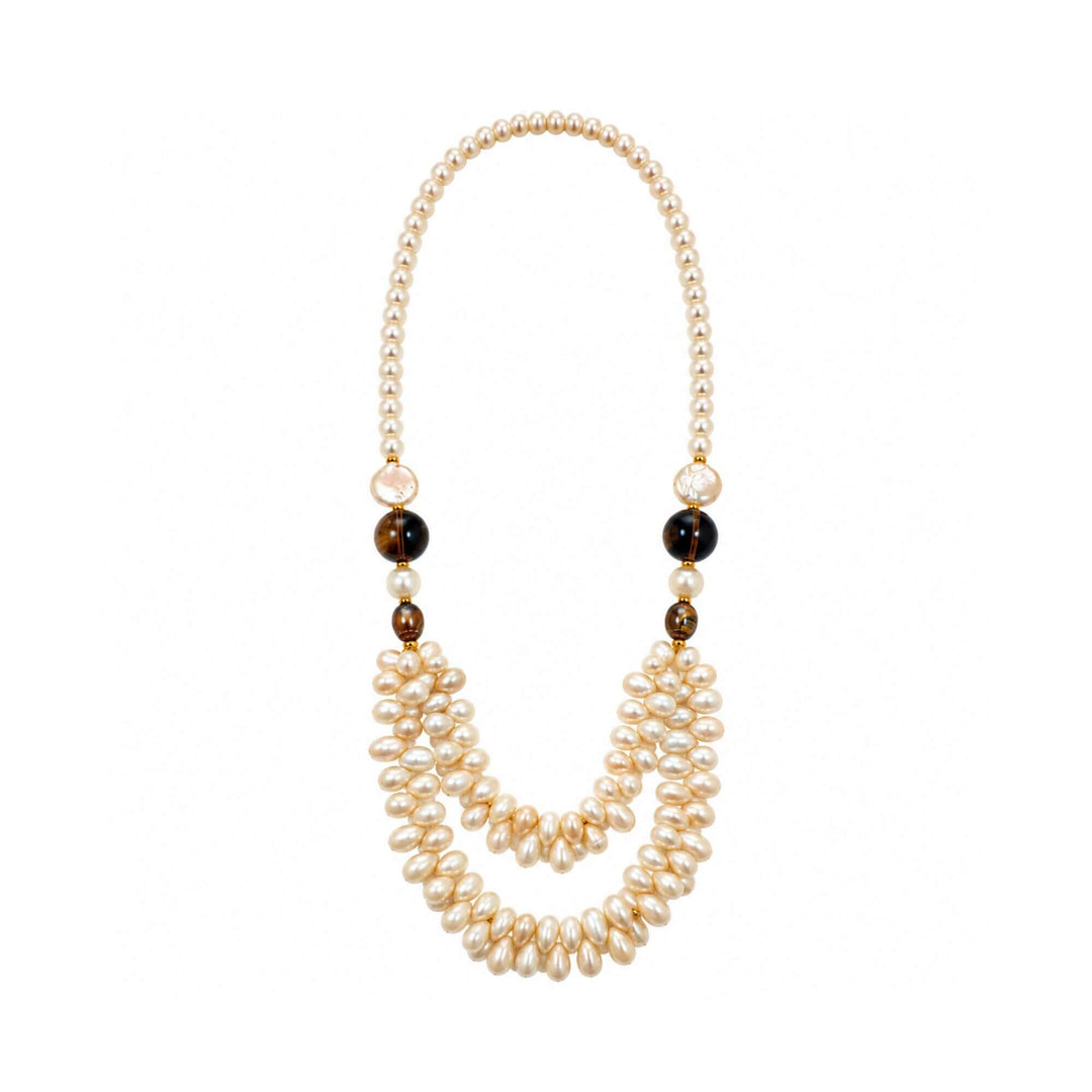 Front view of the Smoky Pearl Cascade Necklace with layered pearls and smoky quartz