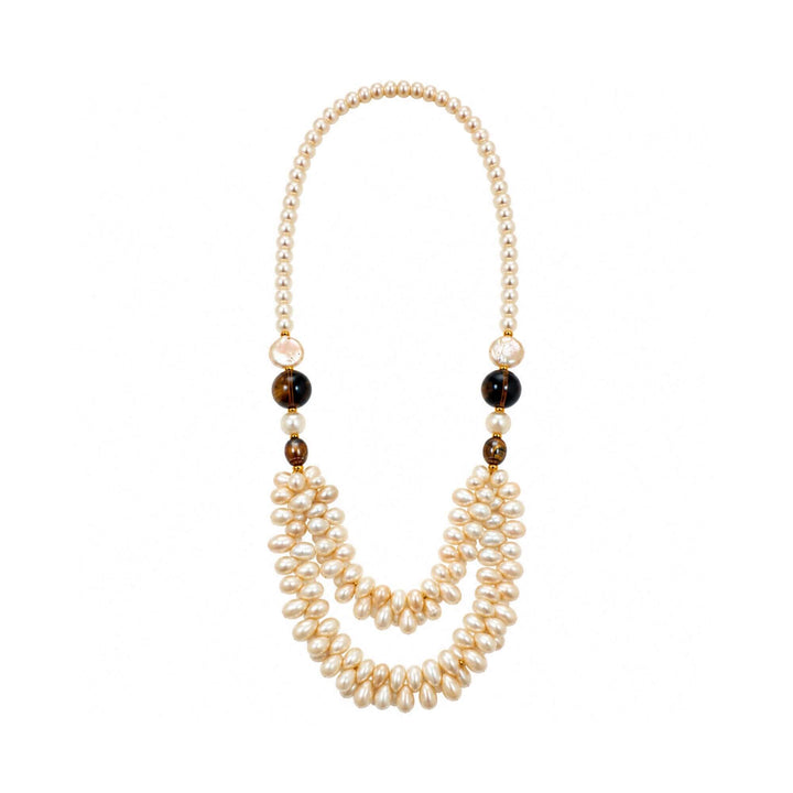 Front view of the Smoky Pearl Cascade Necklace with layered pearls and smoky quartz