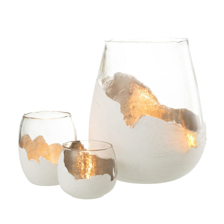 Set of Snow Glass Candles in small, medium, and large sizes with frosted white and metallic accents.