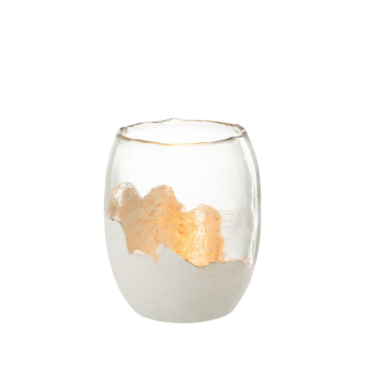 Medium Snow Glass Candle with glowing metallic accent interior.