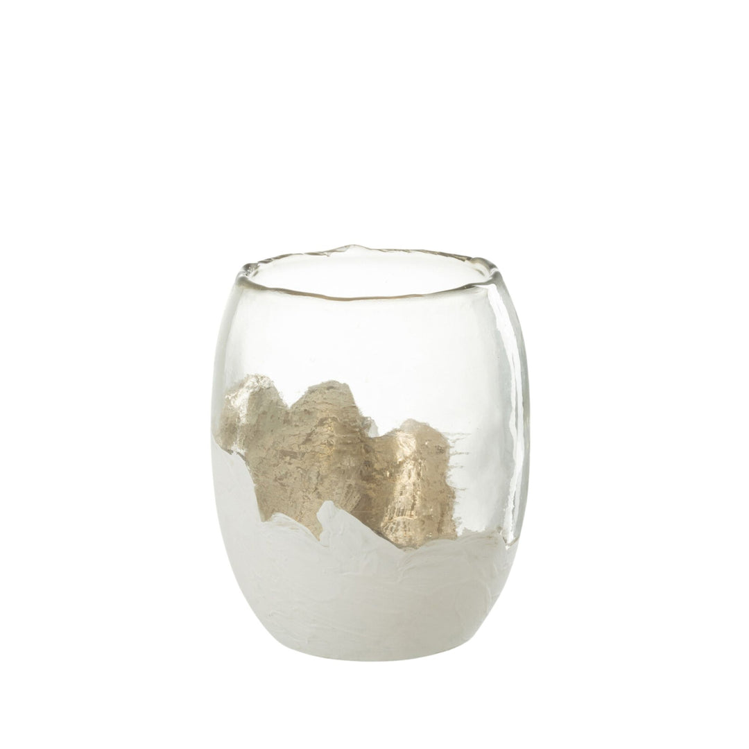 Medium Snow Glass Candle with glowing metallic accent interior.