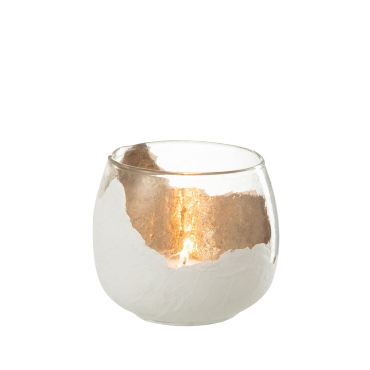Small Snow Glass Candle with glowing metallic accent interior.