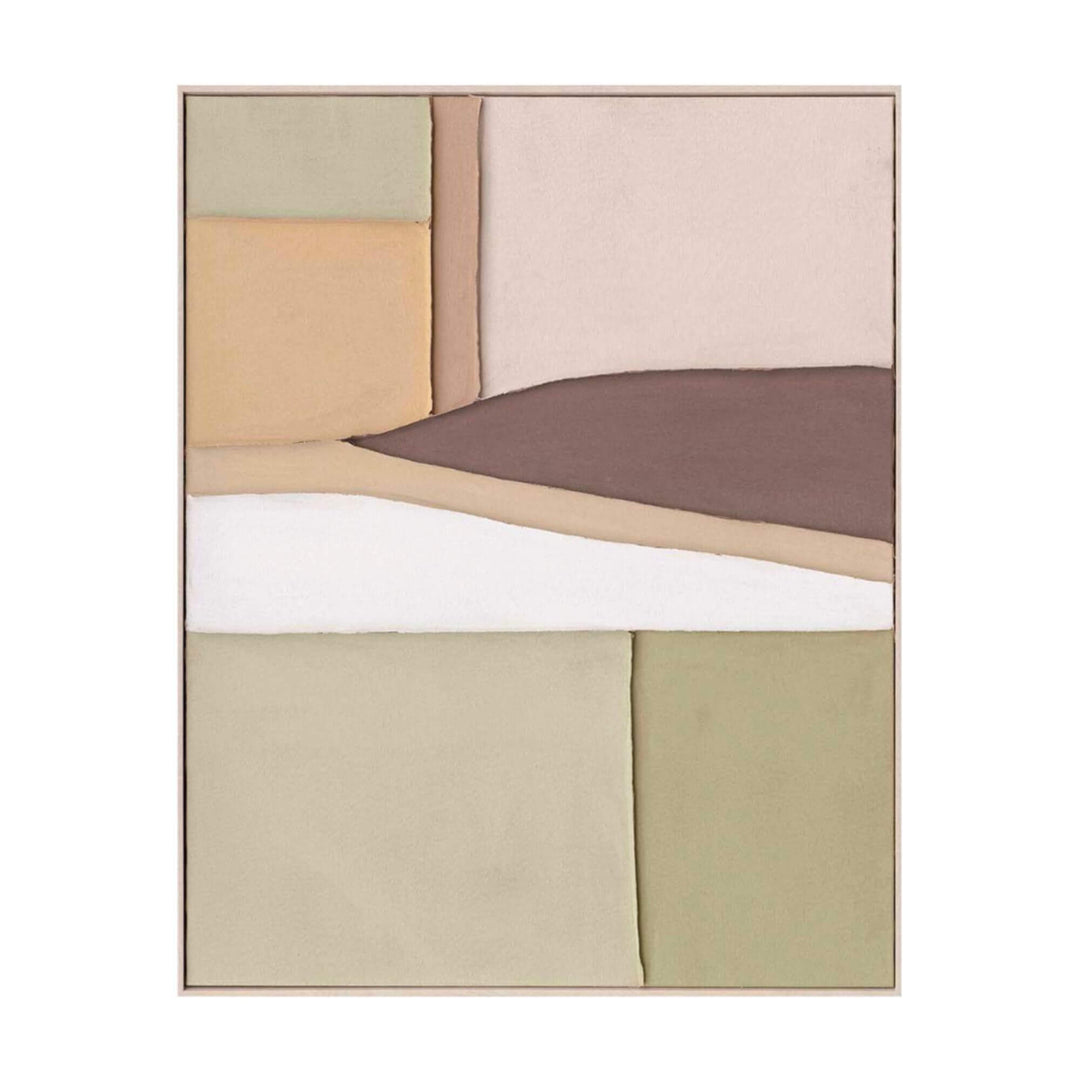 Soft Geometry Painting — abstract geometric canvas artwork with overlapping blocks in olive green, taupe, beige, and cream hues, framed in light wood.