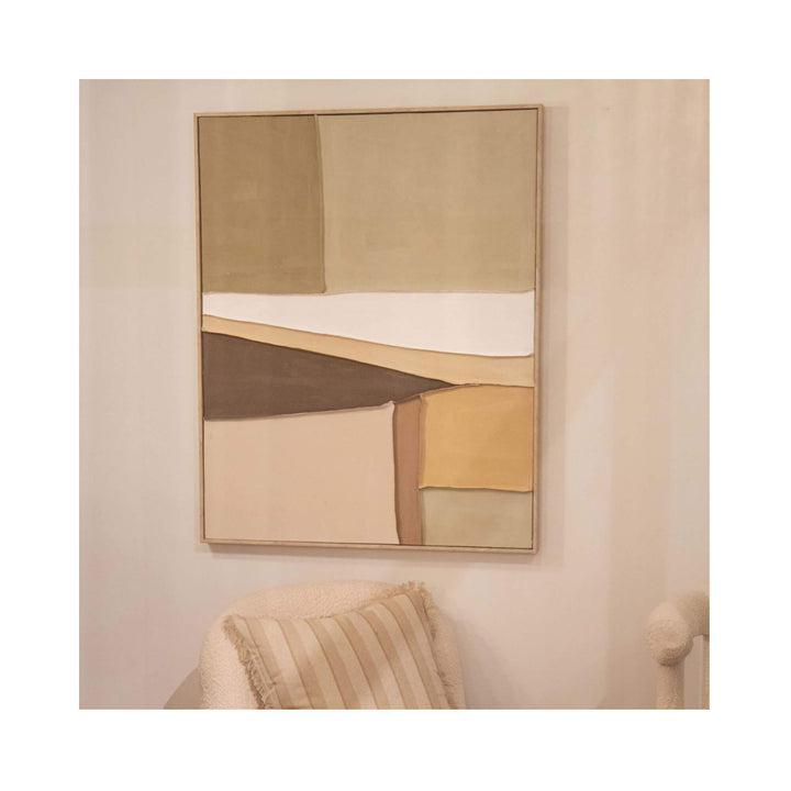 Soft Geometry Painting displayed on a neutral wall above a beige chair with striped cushion, featuring abstract shapes in beige, brown, and white tones.
