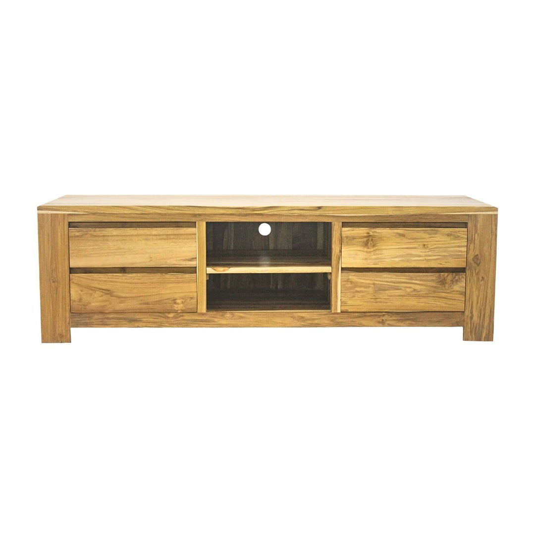 SONDA teak wood TV console, front view with drawers and center open shelf.