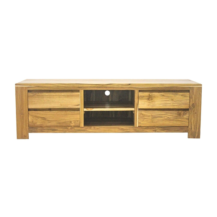 SONDA teak wood TV console, front view with drawers and center open shelf.