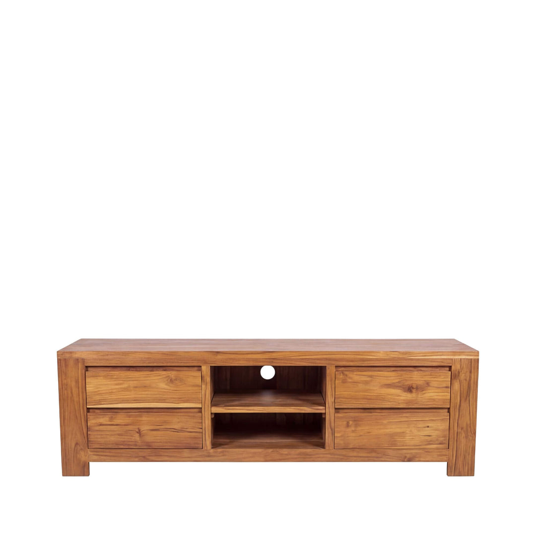 Front view of the Sonda teak wood TV console with drawers and central open shelf.