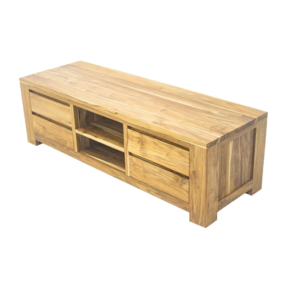 SONDA teak media unit, angled view showing natural grain and storage layout.