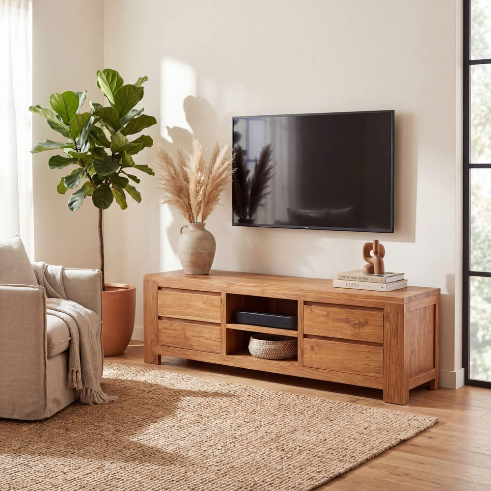 Styled living room featuring the Sonda TV console under a television with natural decor.