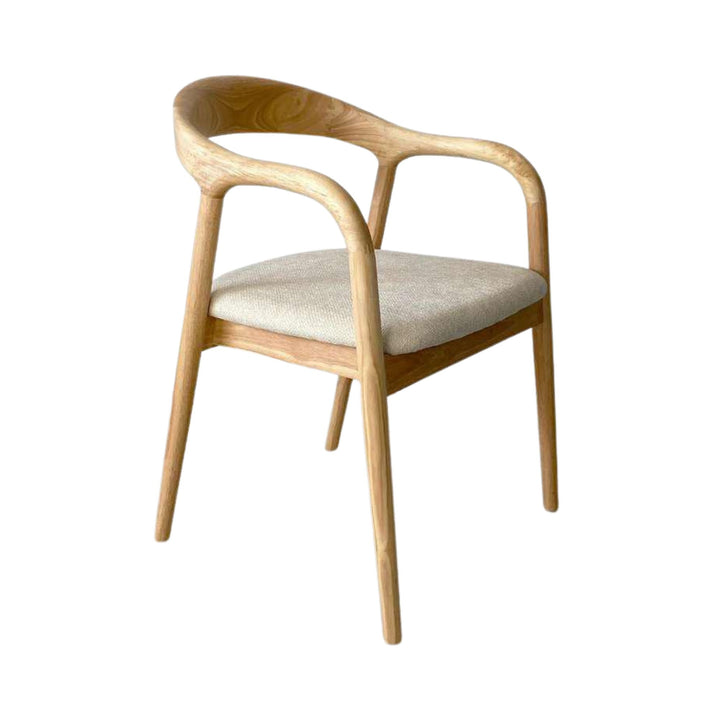 Front angled view of the Sora dining chair showing its curved rubberwood frame and soft chenille seat.