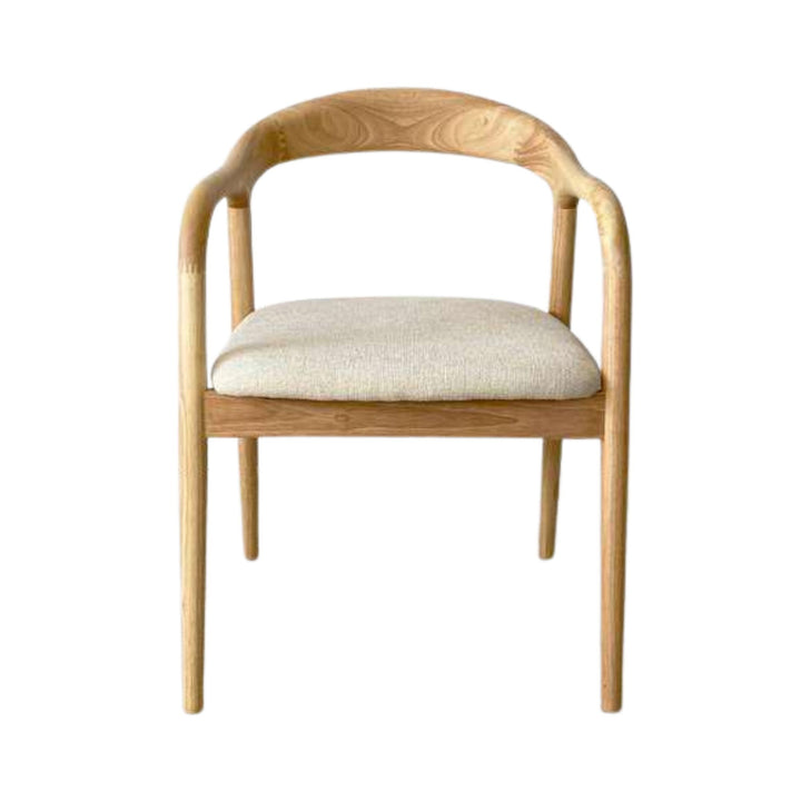 Front view of the chair highlighting its rounded backrest, arm detail, and upholstered seat.