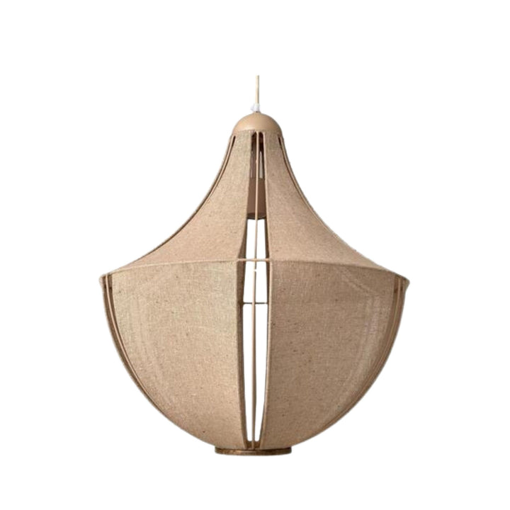 Front view of the Sora pendant lamp showing its sculptural linen shade and iron structure.