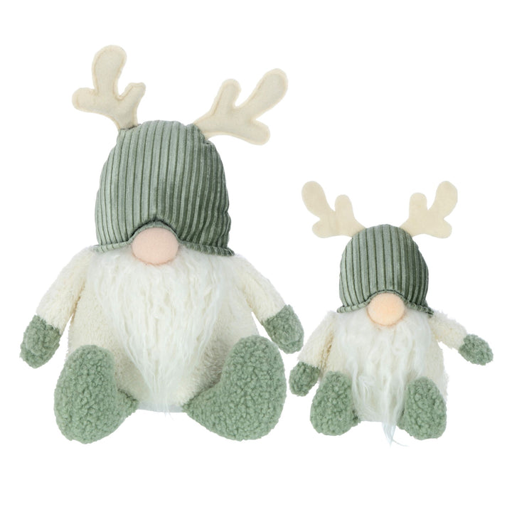 Sprinkles Elf Figures in small and large sizes, featuring green corduroy hats and plush antlers.