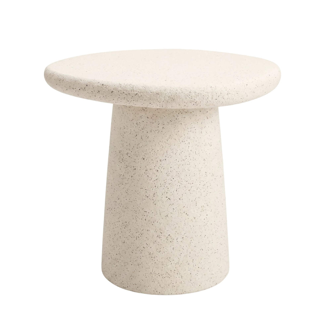 Front view of the stone look outdoor side table showing its rounded top and pedestal base.