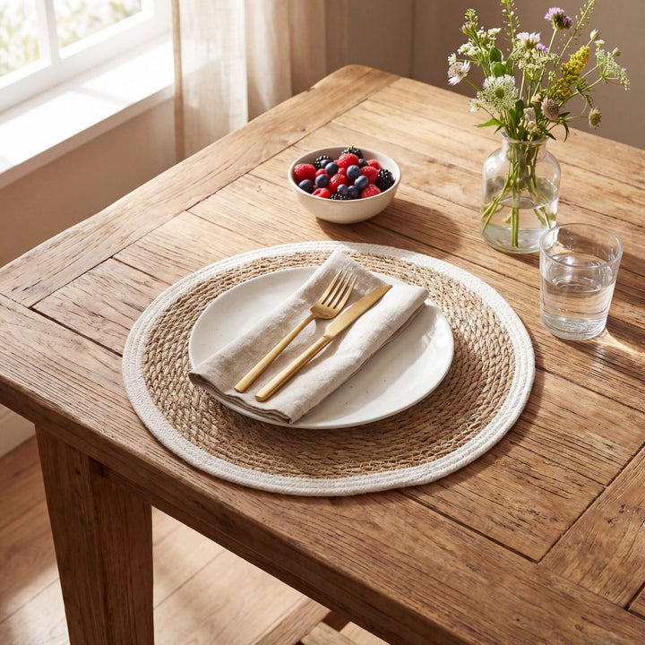 Styled table setting featuring the straw table mat layered under ceramic tableware.
