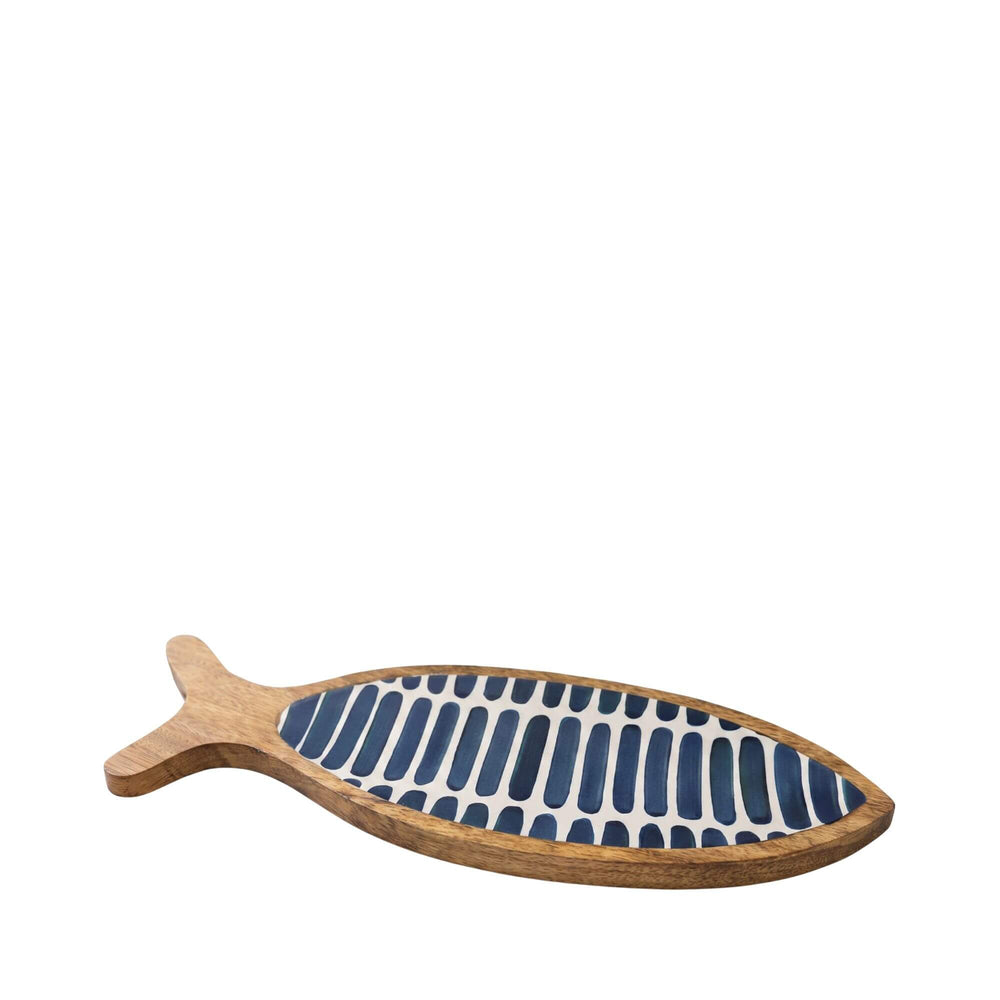 Front view of the striped fish wooden tray showing its fish shape and blue striped interior.