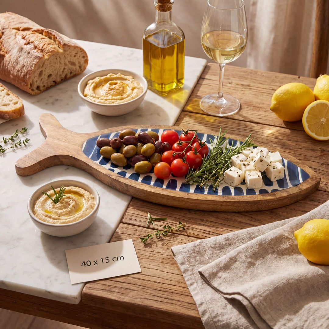 Styled table setting featuring the striped fish wooden tray used for serving appetizers and snacks.