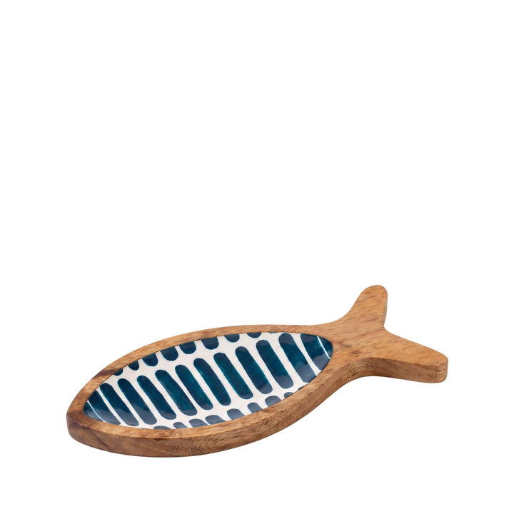 Angled view of the fish-shaped tray highlighting its wooden frame and painted striped base.