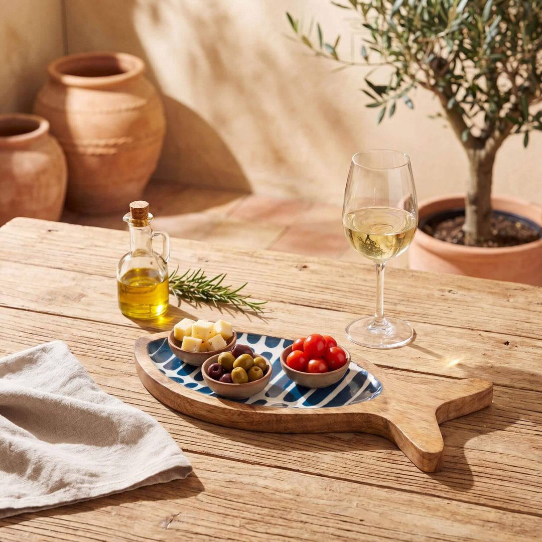 Styled outdoor-inspired table setting with the striped fish tray used as a decorative serving piece.