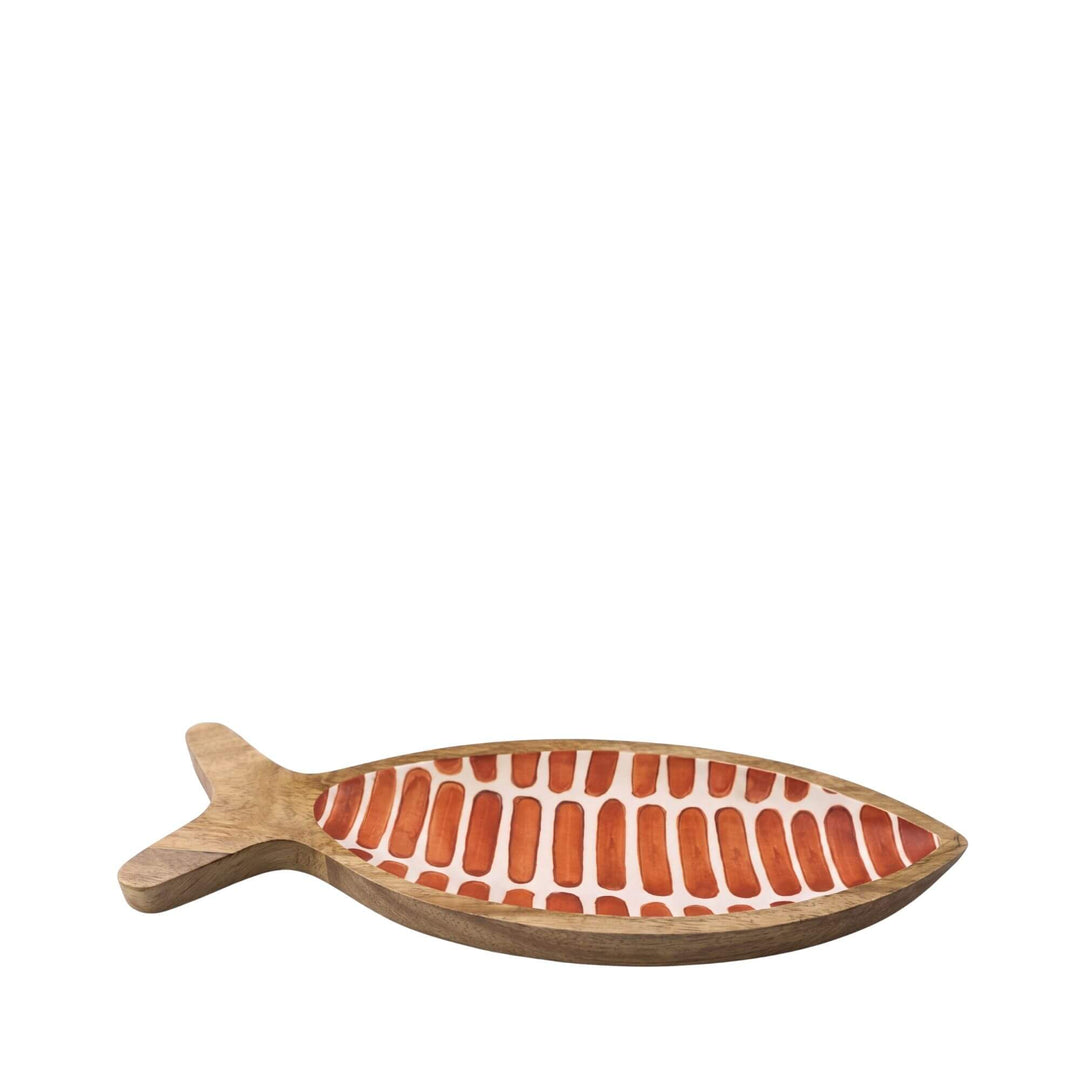 Front view of the striped fish wooden tray showing its fish shape and coral striped interior.