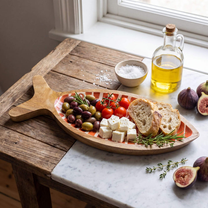 Styled table setting featuring the striped fish wooden tray used for serving appetizers and snacks.