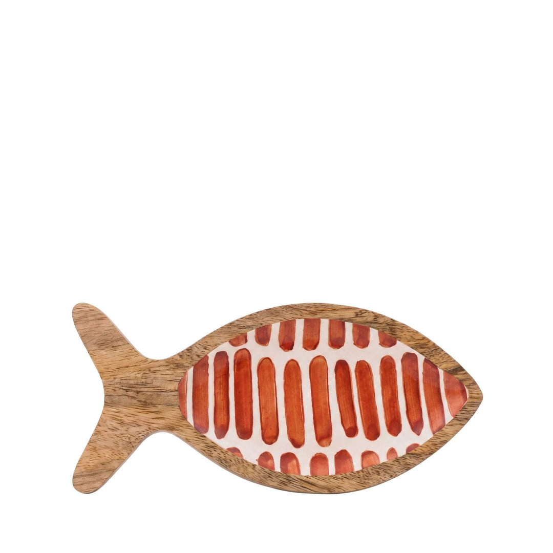 Angled view of the fish-shaped tray highlighting its wooden frame and painted striped base.