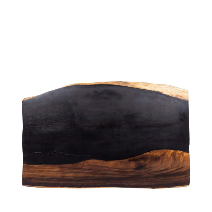 Top view of the dining table showing the organic live-edge shape and contrasting dark center.