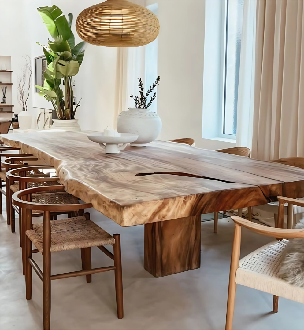 Long natural and solid wooden dining table with chairs in a modern interior setting - suar wood