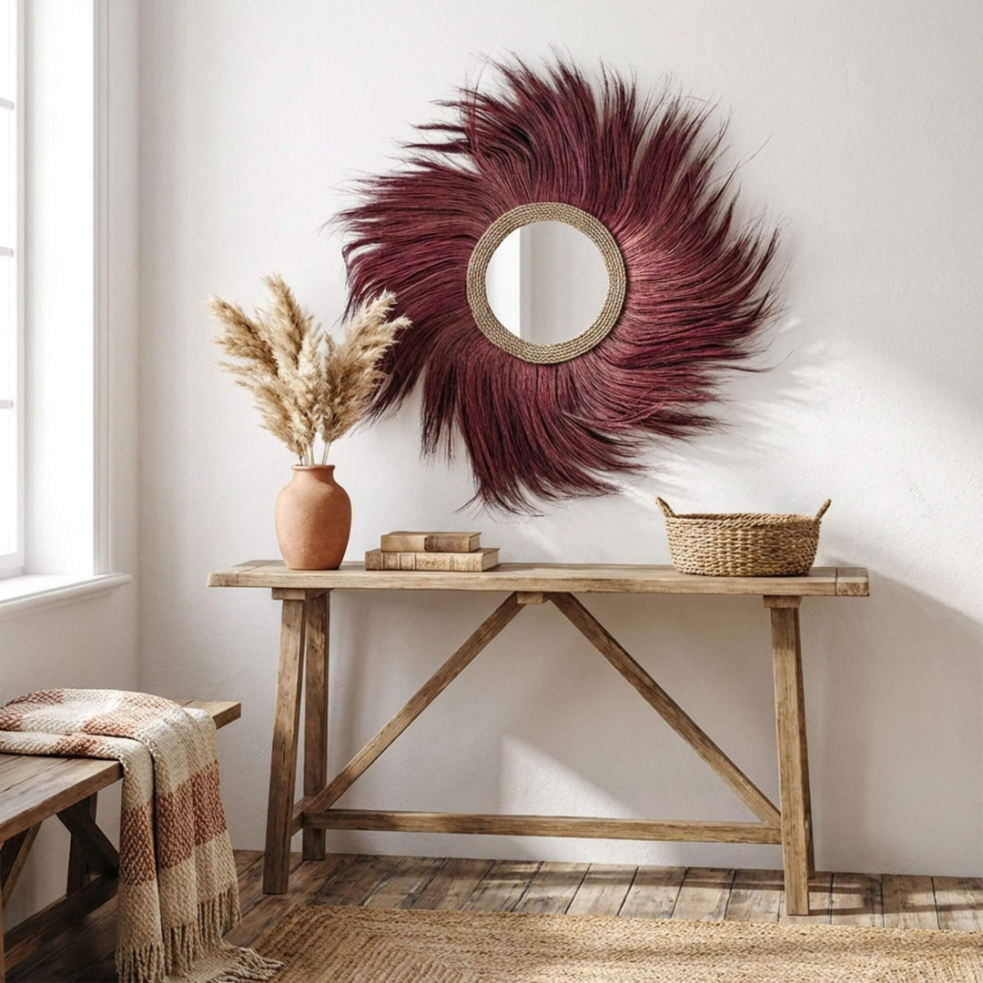 Styled interior scene featuring the Sula Lion mirror as a bold wall statement above a console table.