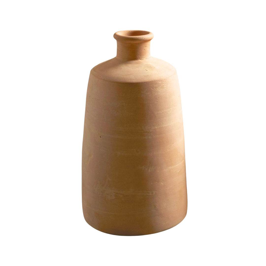 Front view of the Sula terracotta vase showing its smooth cylindrical shape and natural finish.