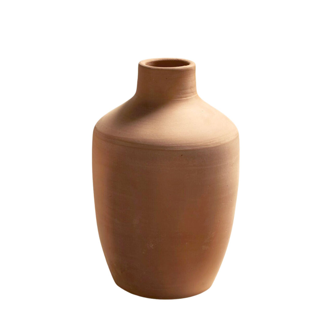 Front view of the Sula terracotta vase showing its smooth cylindrical shape and natural finish.