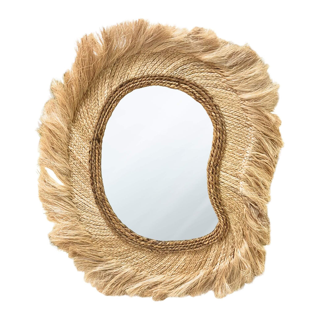 Sulawesi Organic Mirror in natural abaca and sisal with fringed edges, size 70x4x80cm.