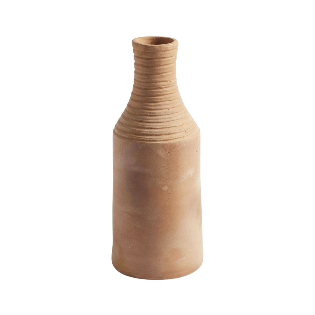 Front view of the Sula terracotta vase with ribbed neck and natural clay finish.