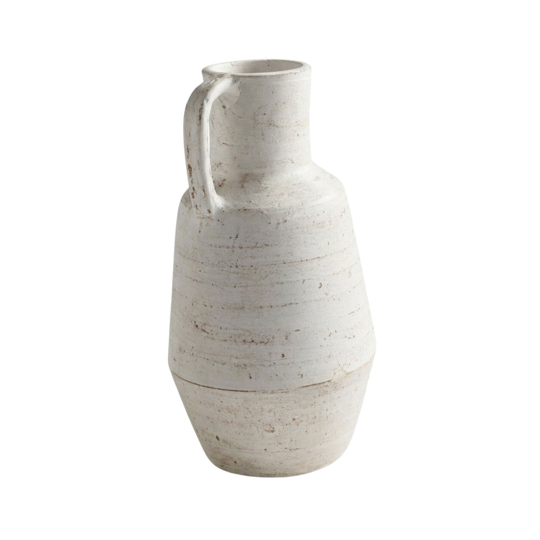 Front view of the Sula white wash terracotta vase with integrated handle and handcrafted shape.