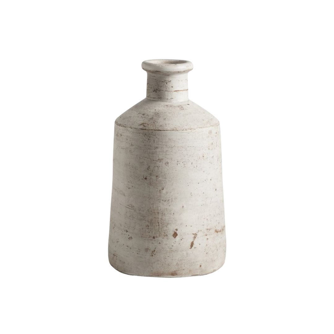 Front view of the Sula white wash terracotta vase with bottle-shaped silhouette.