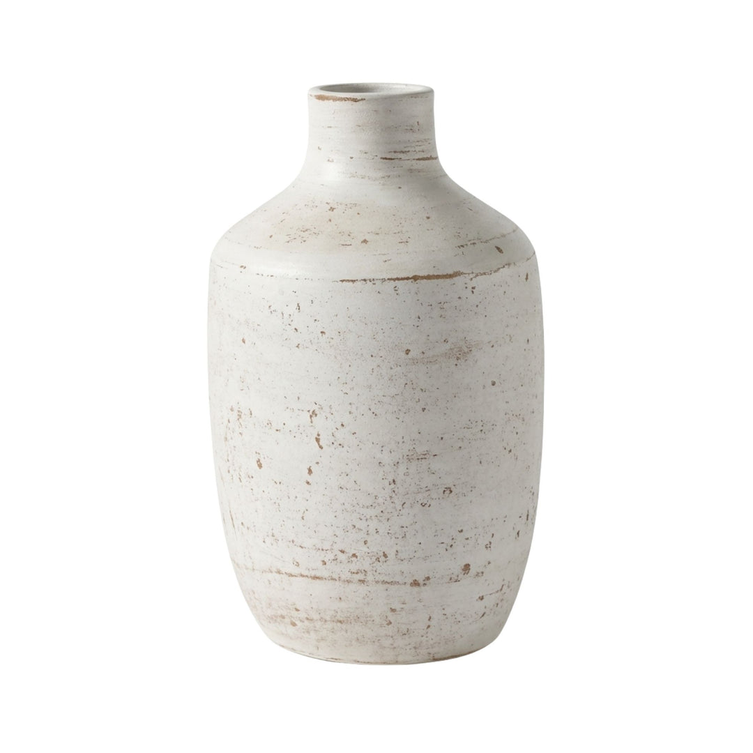 Front view of the Sula white wash terracotta vase with rounded handcrafted shape.