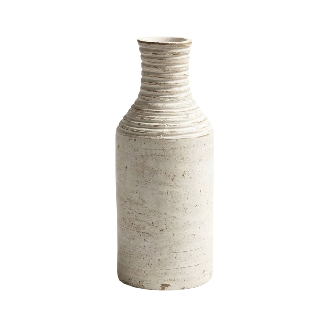 Front view of the Sula white wash terracotta vase with slim bottle-shaped design.